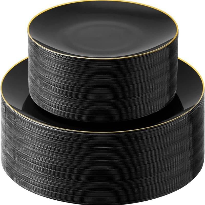Black and Gold Disposable Plates - 150 Piece Party Pack - Image 1