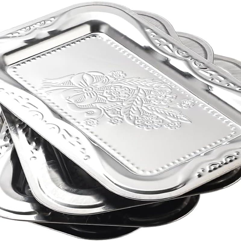 4-Pack Silver Serving Trays Set - Mirror Decorative Platters 13.8x8.7 Inch - Image 1