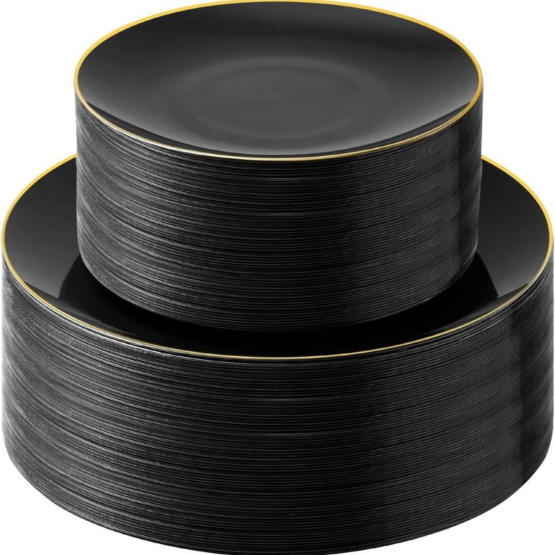 Black and Gold Disposable Plates - 150 Piece Party Pack
