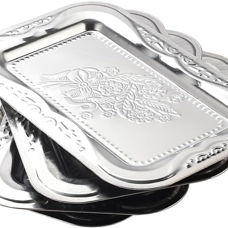 4-Pack Silver Serving Trays Set - Mirror Decorative Platters 13.8x8.7 Inch